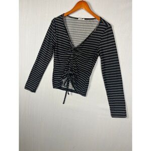 Orange Kiss Womens L Black White Stripe Ruched Front V-Neck Y2K Aesthetic